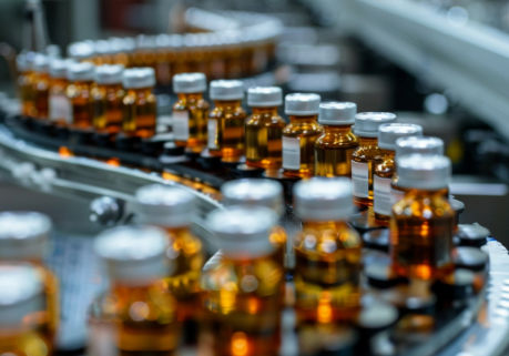 Botellas de cristal en cadena de montaje de proceso industrial para dosificación de líquidos